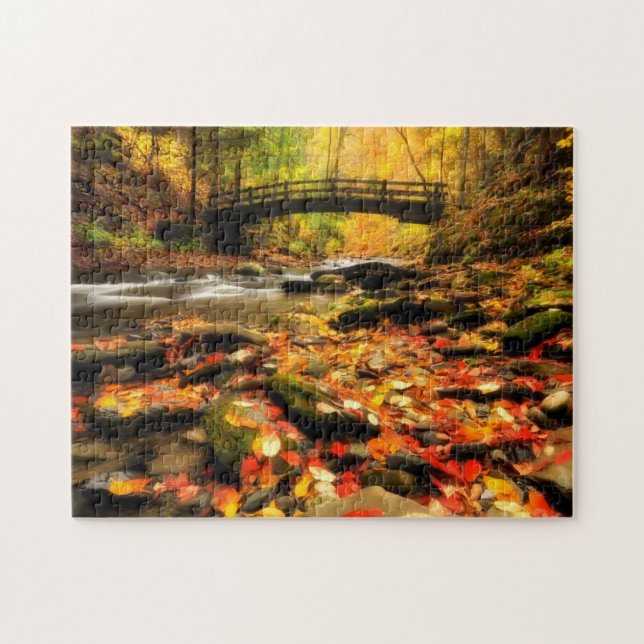 Wooden Bridge and Creek in Fall Jigsaw Puzzle (Horizontal)