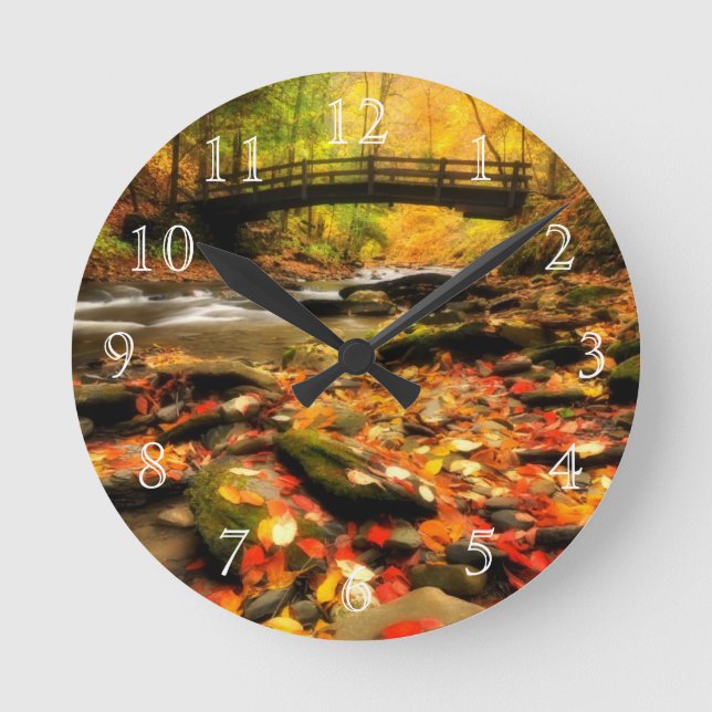 Wooden Bridge and Creek in Fall Round Clock (Front)