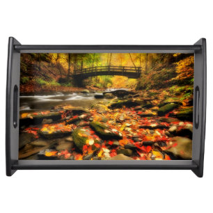Wooden Bridge and Creek in Fall Serving Tray