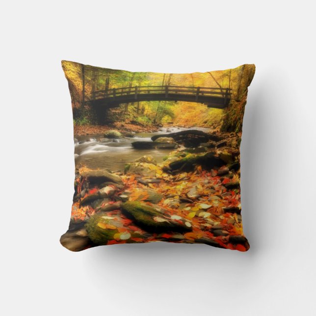 Wooden Bridge and Creek in Fall Throw Pillow (Front)