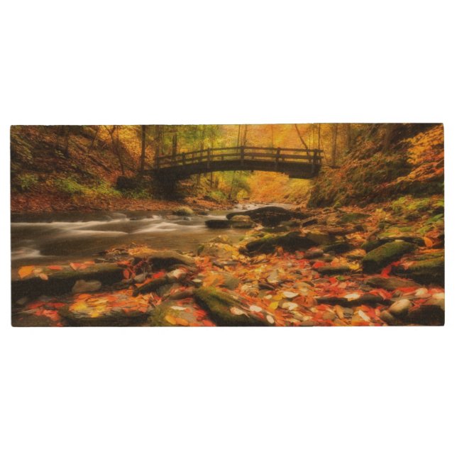 Wooden Bridge and Creek in Fall Wood USB Flash Drive (Front)