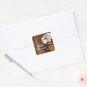 Wooden Bucket and White Daisies Country Wedding Square Sticker