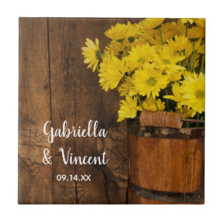 Wooden Bucket and Yellow Daisies Country Wedding Tile