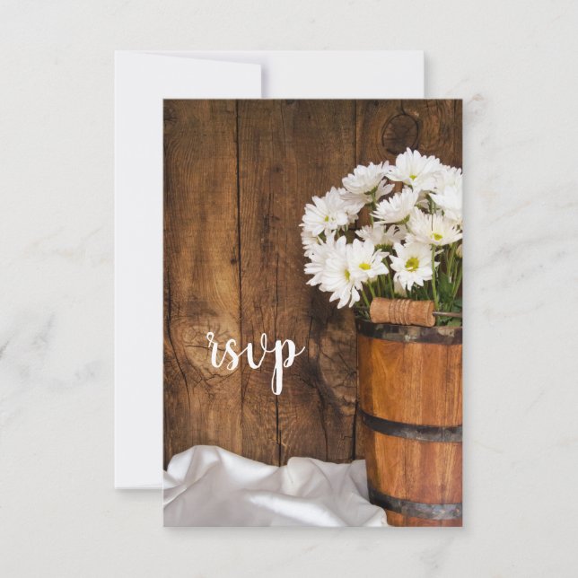 Wooden Bucket of White Daisies Barn Wedding RSVP Card (Front)