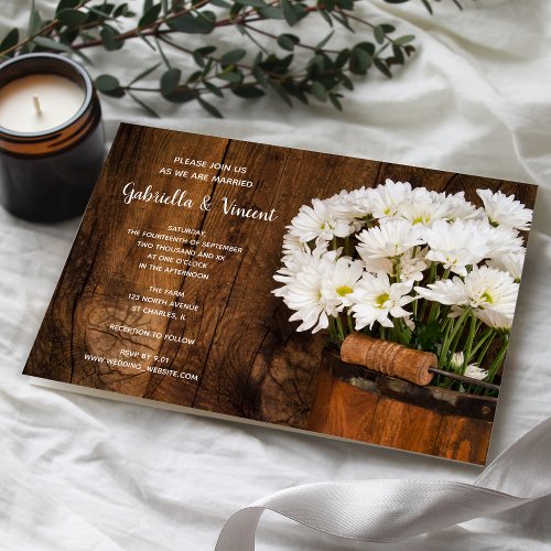 Wooden Bucket and White Daisies Country Wedding Custom Invite