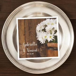 Wooden Bucket White Daisies Country Barn Wedding Paper Napkins