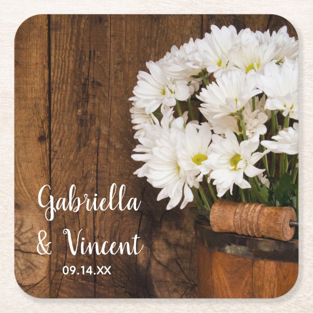 Wooden Bucket White Daisies Country Barn Wedding Square Paper Coaster (Front)