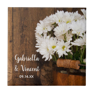 Wooden Bucket White Daisies Country Barn Wedding Tile