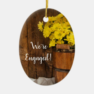Wooden Bucket Yellow Daisies Country Engagement Ceramic Ornament