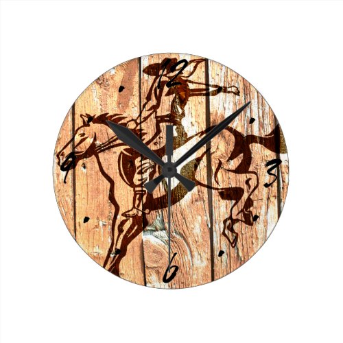 Wooden bucking bronco cowboy round wall clocks