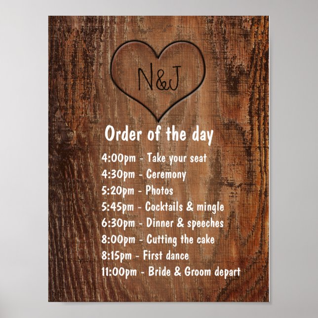Wooden Burn Heart Rustic Wedding Order of The Day Poster (Front)