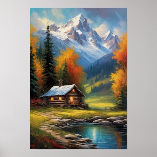 Wooden Cabin by the Snowy Peaks Poster
