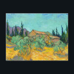 Wooden Cabins among the Olive Trees and Cypresses Postcard<br><div class="desc">Vincent van Gogh - Wooden Cabins among the Olive Trees and Cypresses,  1889.
Vincent Willem van Gogh (1853-1890) was a Dutch Post-Impressionist painter who posthumously became one of the most famous and influential figures in Western art history.</div>