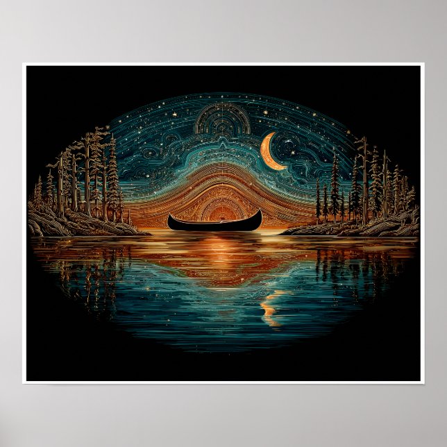 Wooden canoe and crescent moon in the North Woods Poster (Front)