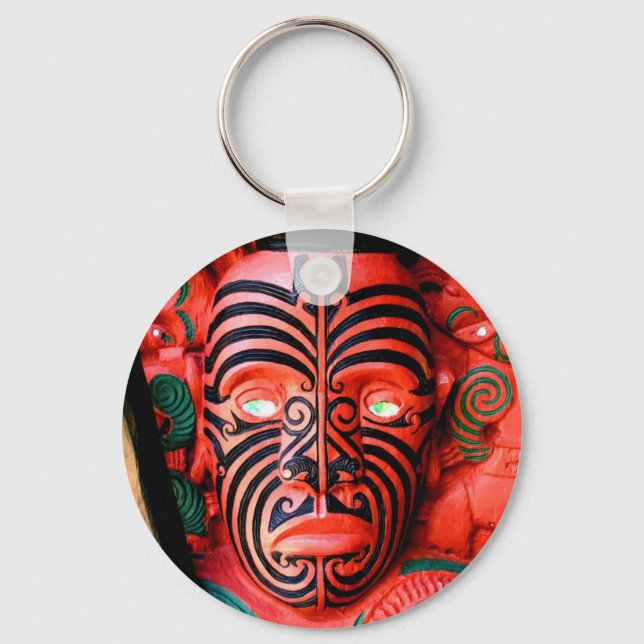 Wooden Carving of a Maori Warrior, New Zealand Keychain (Front)