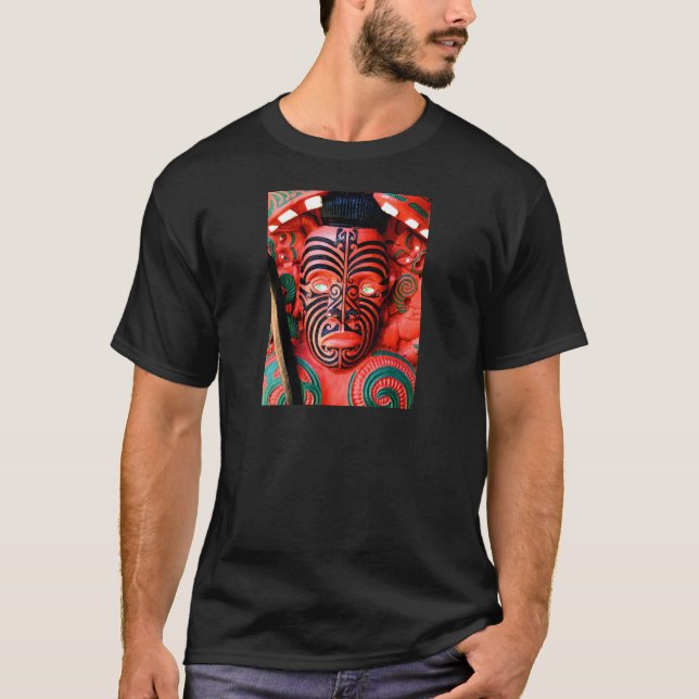 Wooden Carving of a Maori Warrior, New Zealand T-Shirt (Front)
