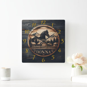 Wooden Carving of Horse and Mountain Landscape Square Wall Clock