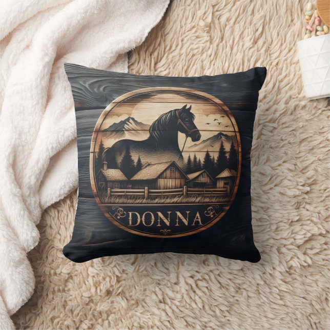 Wooden Carving of Horse and Mountain Landscape Throw Pillow (Blanket)