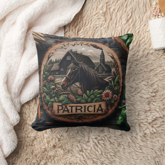 Wooden Carving of Horse Near Rustic Farmhouse Throw Pillow (Blanket)