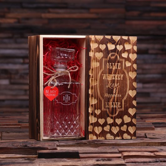 Wooden Case & Elegant Engraved Glass Decanter (Inside)