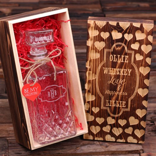 Wooden Case & Elegant Engraved Glass Decanter (Inside)