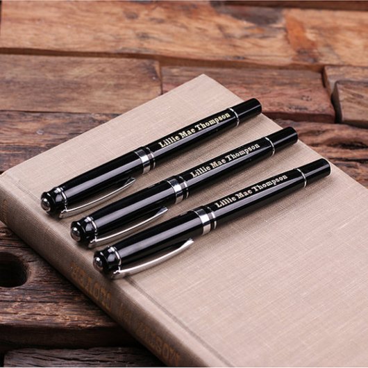 Wooden Case & Set of 3 Silver Hardware Black Pens (Top)