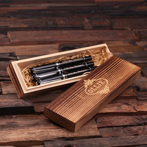 Wooden Case  Set of 3 Silver Hardware Black Pens