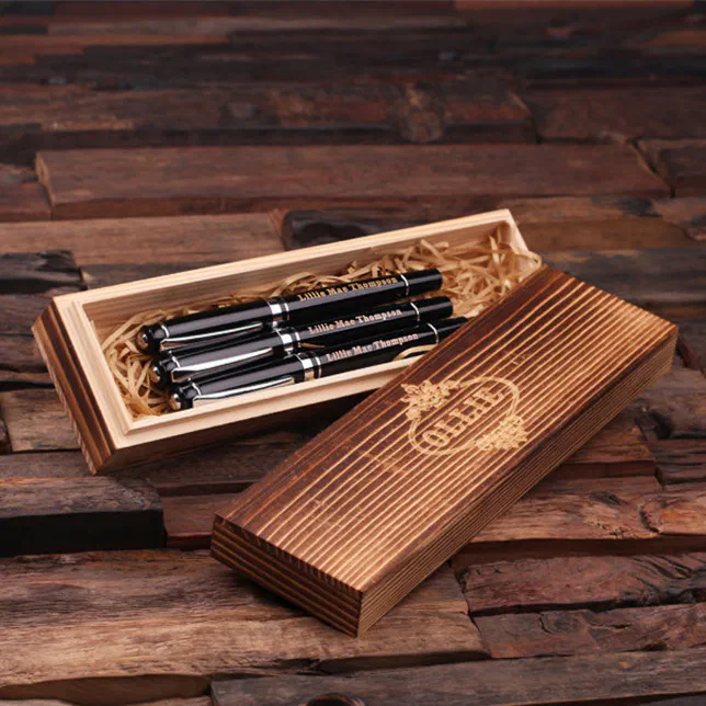 Wooden Case & Set of 3 Silver Hardware Black Pens