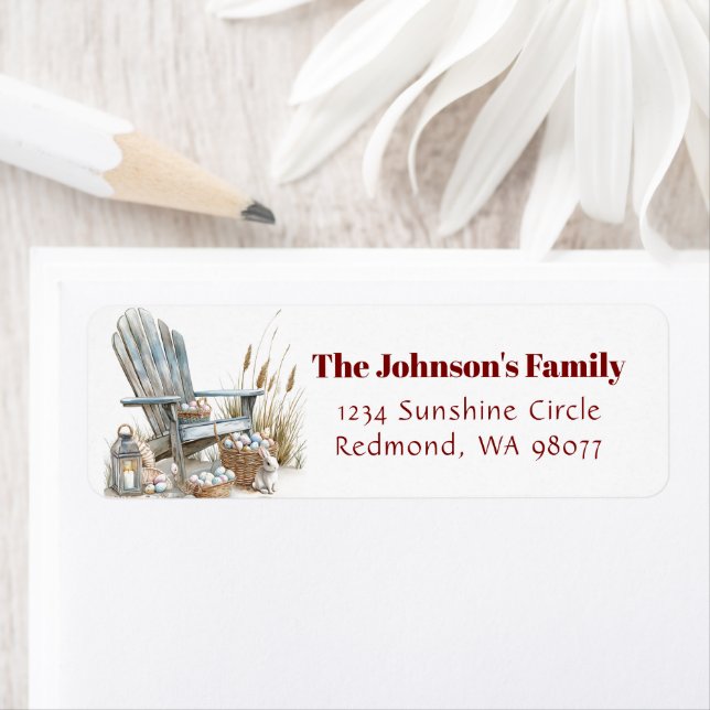 Wooden chair with Easter eggs address Label (Insitu)