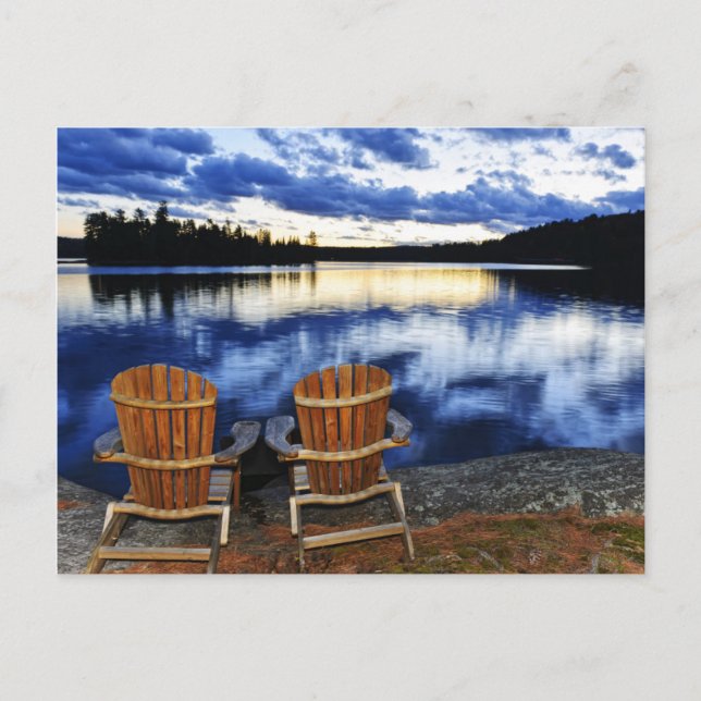 Wooden Chairs At Sunset On Lake Shore Postcard (Front)
