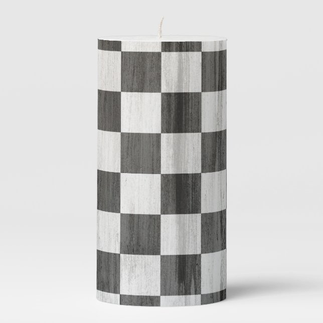 Wooden Checker Pattern Pillar Candle (Front)