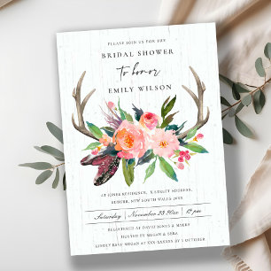 WOODEN CHIC BOHO BLUSH ANTLER FLORAL BRIDAL SHOWER INVITATION
