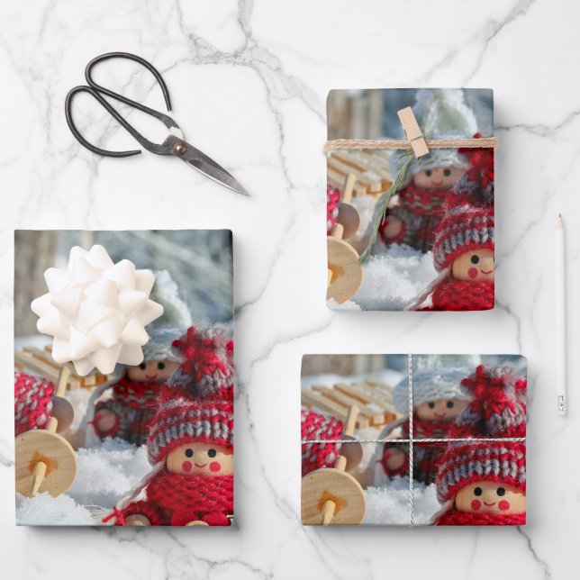 Wooden Christmas Figurines Wrapping Paper Sheets (Front)