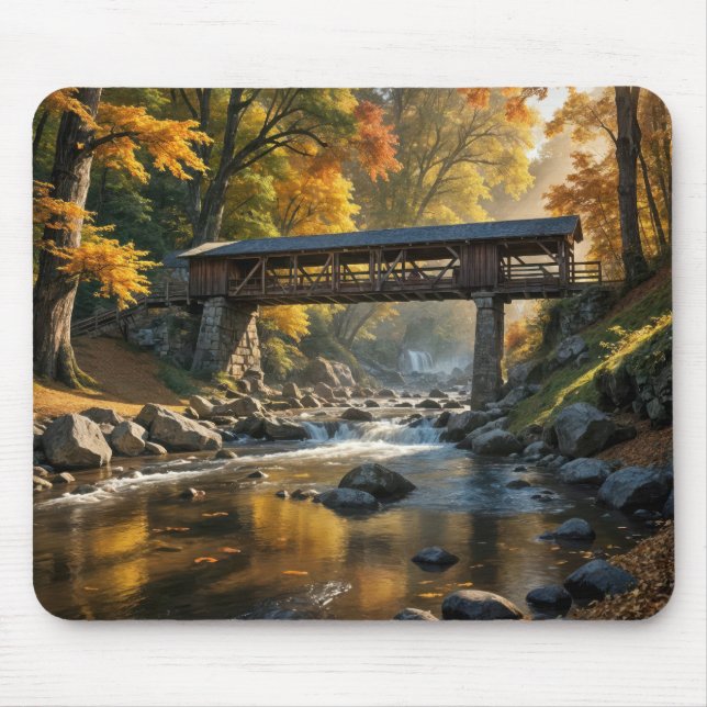 Wooden Covered Bridge In Autumn Mouse Pad (Front)