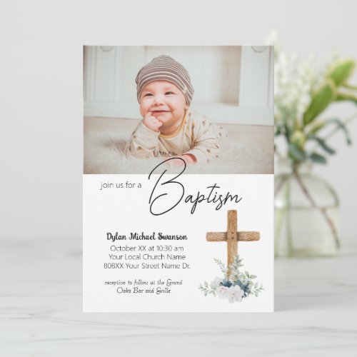 Wooden Cross and Custom Photo Baby Boy Baptism Invitation