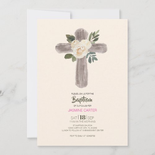 Wooden Cross Floral Girl Baptism Invitation