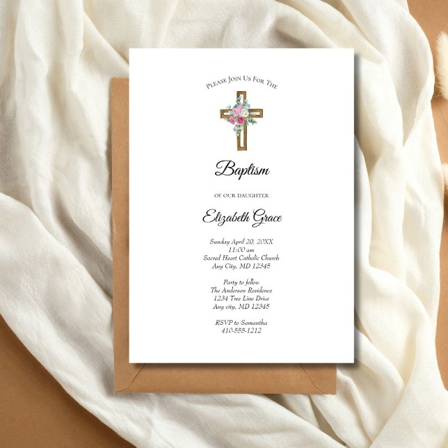 Wooden Cross Flowers Baptism Invitation (Baptism Wooden Cross Pink Flowers Invitation)