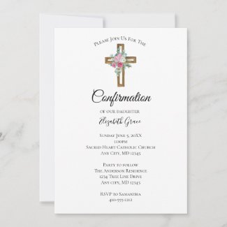 Wooden Cross Flowers Confirmation Invitation
