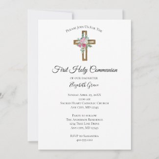Wooden Cross Flowers First Communion Invitation