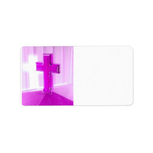Wooden cross, purple version, photograph church label