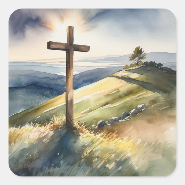 Wooden Cross Square Sticker (Front)