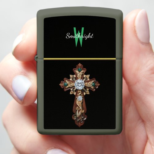 Wooden Cross with Blue Stone Center Unveiled Zippo Lighter