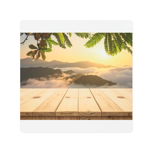 Wooden Desk in Sunrise Light Metal Print