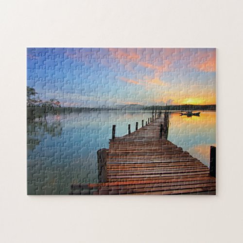 Wooden Dock Seascape in Colorful Sunset Jigsaw Puzzle