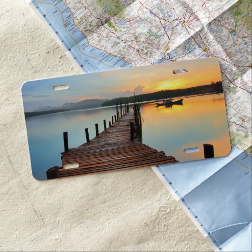 Wooden Dock Seascape in Colorful Sunset License Plate