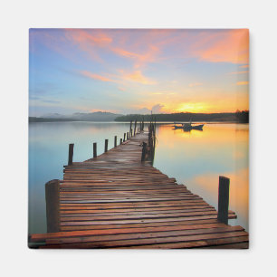 Wooden Dock Seascape in Colorful Sunset Magnet