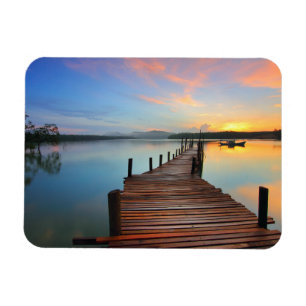 Wooden Dock Seascape in Colorful Sunset Magnet