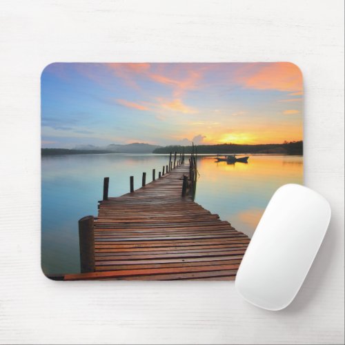 Wooden Dock Seascape in Colorful Sunset Mouse Pad