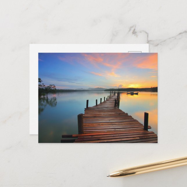 Wooden Dock Seascape in Colorful Sunset Postcard (Front/Back In Situ)