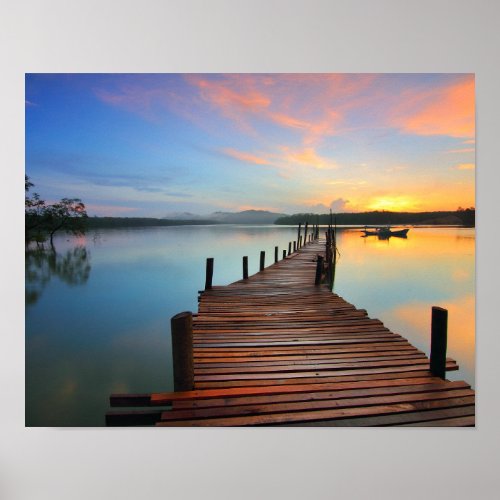 Wooden Dock Seascape in Colorful Sunset Poster